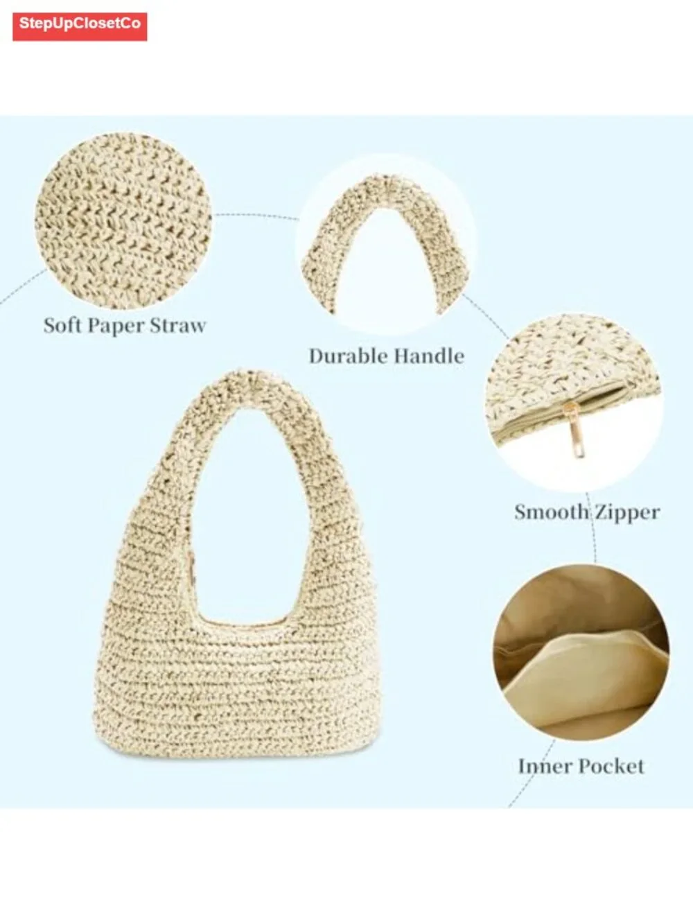 Crescent Straw Shoulder Handbag Summer Beach Tote Raffia Woven Purse Hobo